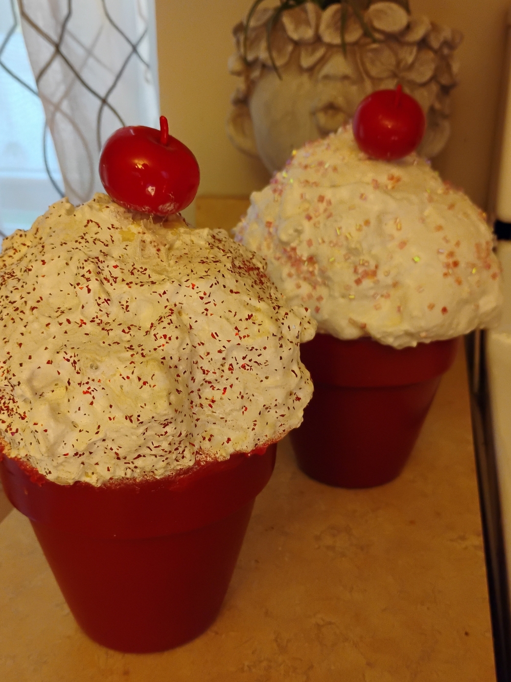 Red Faux Cupcake Table Decor with White Frosting -